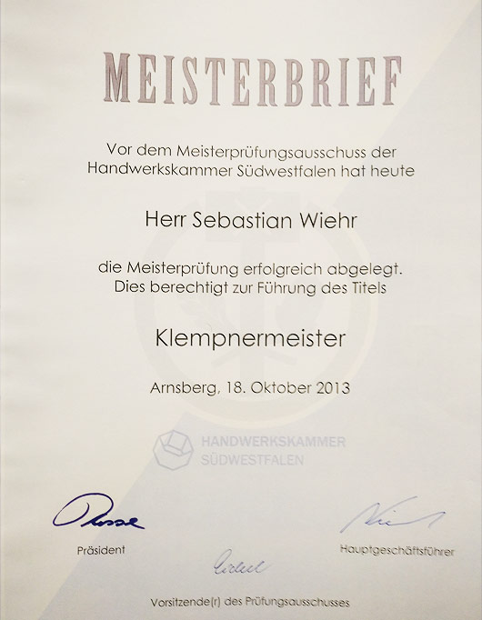 Meisterbrief Sebastian Wiehr - Klempnermeister